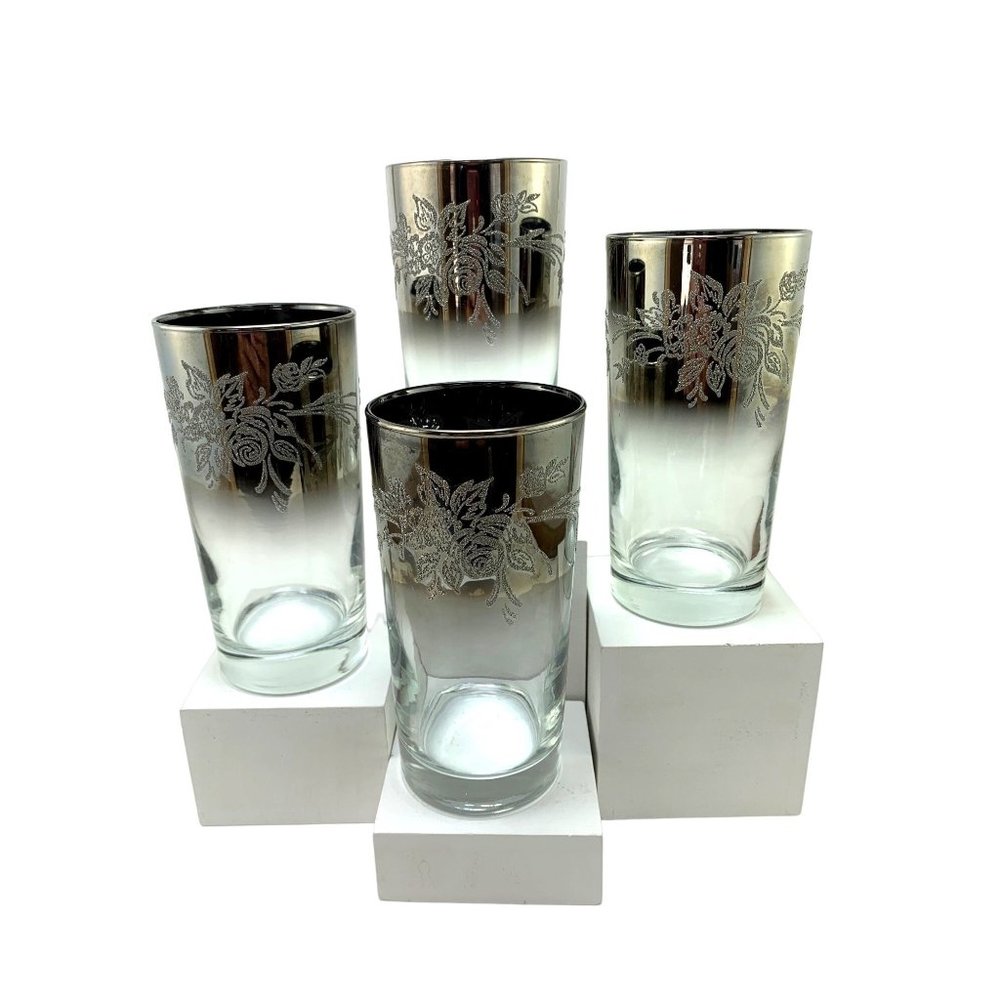 Mid Century Dorothy Thorpe Queens Lusterware Silver Fade Rim Rose Tumblers.